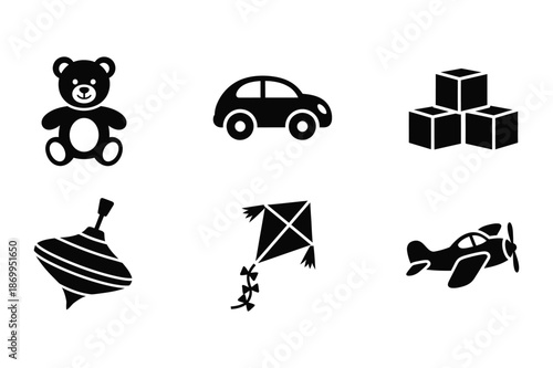 Children's toys: teddy bear, car, blocks, spinning top, kite, airplane