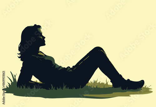 Stylized silhouette of a young woman lying down on the grass relaxing outdoors in a peaceful and serene moment of contemplation