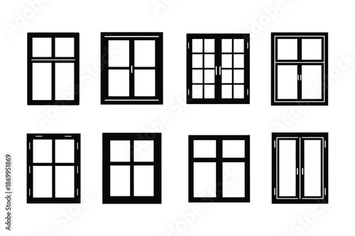 Various black window frame silhouettes on white background