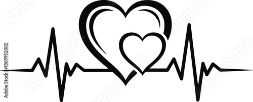 Stylized electrocardiogram line with two hearts symbolizing love life health and wellbeing isolated on transparent background