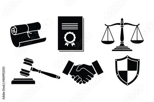 Black icons: law, justice, agreement, security, gavel, scroll