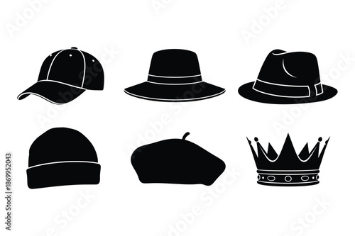 Black icons: baseball cap, fedora, beanie, beret, crown