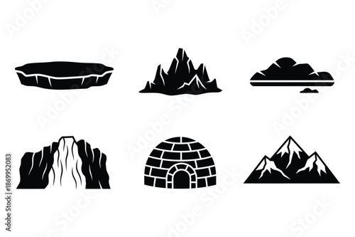 Black icons: iceberg, mountains, cloud, cave, igloo