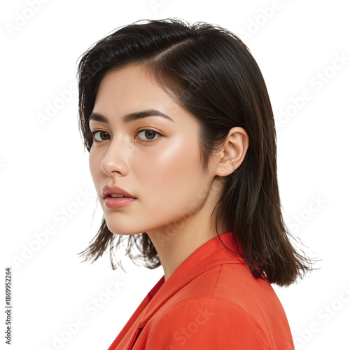 Woman With Short Hair in Red Outfit Poses for a Close-Up Picture Against a Wh...