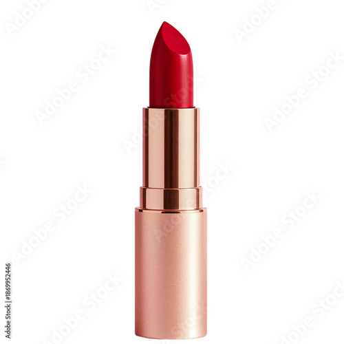 Bright Red Lipstick on a Silver and White Tube Placed on a Simple Background
