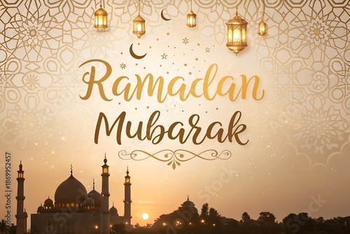Ramadan Mubarak Greeting with Mosque Silhouette at Sunset