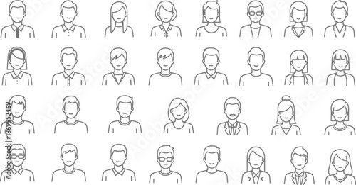 Collection of line drawings showing various people with different hairstyles and clothing in a grid layout