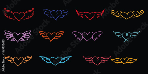 Neon winged heart doodle set on black background, Colorful hand drawn heart with wings neon line illustration, Romantic neon winged heart icons vector.