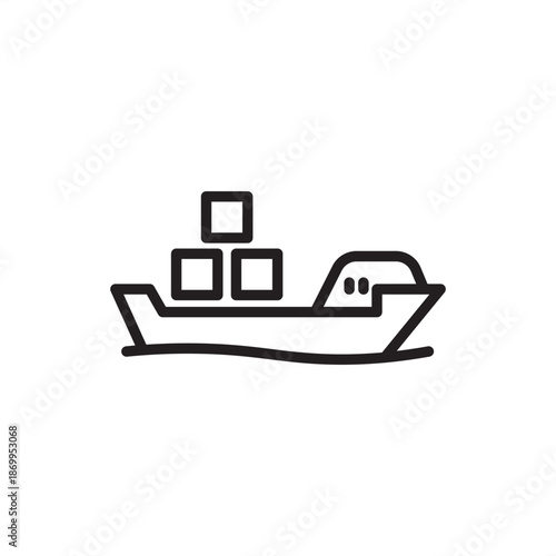 Industrial maritime icon featuring a flat-bottomed cargo barge vessel transporting a stack of three shipping containers across ocean waves, representing inland waterway logistics and freight transport
