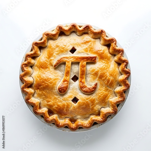 Golden baked pie with a decorative pi symbol crust on top isolated on white