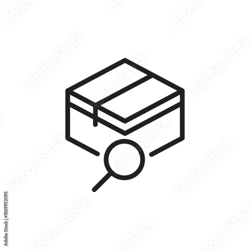 Industrial maritime icon featuring a sealed shipping container or cargo crate being analyzed by a magnifying glass, symbolizing cargo hull inspection, freight quality control, and security screening.