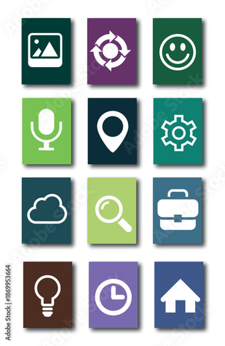Flat icon set with common symbols including cloud, search, settings, location, user, briefcase, clock, home, microphone, image.