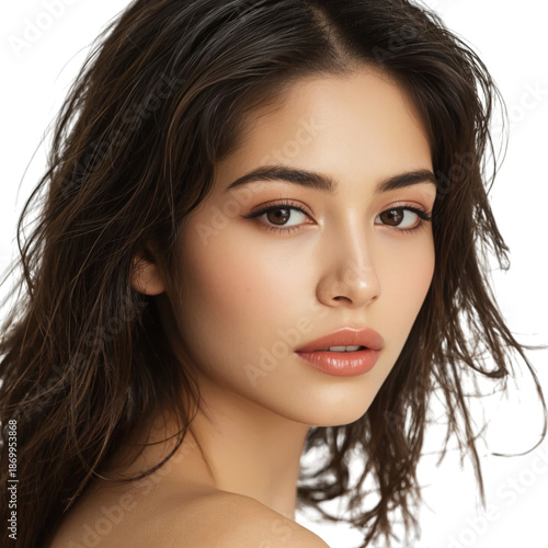 Young Woman With Long Hair Poses for a Beauty Shoot With Soft Makeup and Natu...