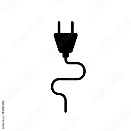 Electric plug with long curved cable, power connector black vector icon