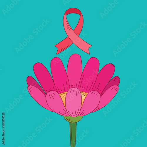 Pink Ribbon Emblem, Soft Pastel Poster Showcasing Pink Ribbon And Daisy For Health Awareness Campaign