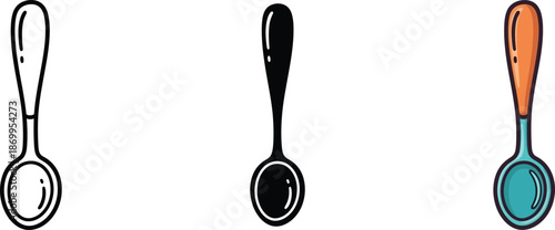 Collection of spoon icons in various styles including outline, solid, and colored design