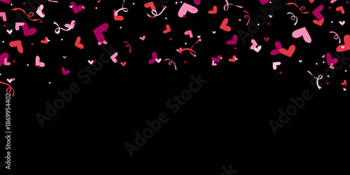 Celebration backdrop with heart confetti. Pink and red hearts confetti falling on black background. Valentines Day design for greeting card, poster, invitation, package. Vector banner with copy space
