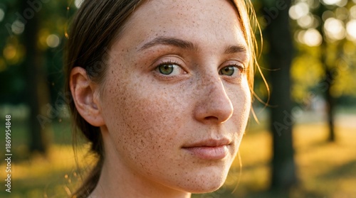 A young woman with freckles in the park at sunset 
