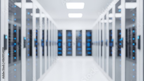 Modern data center with rows of server racks and glowing blue lights in a futuristic high-tech environment
