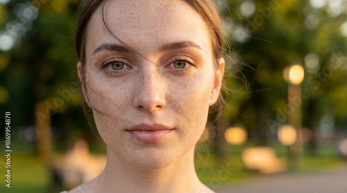 Young woman with freckles gazing at camera in park during sunset  
