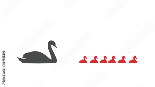 Black swan and red ducklings on in a row together