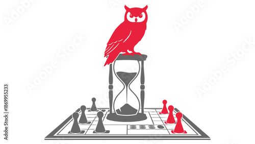 Red owl sitting on hourglass over chessboard with pieces
