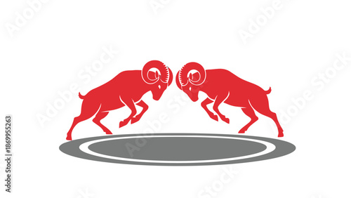 Two red rams head to head on a gray and white circular background
