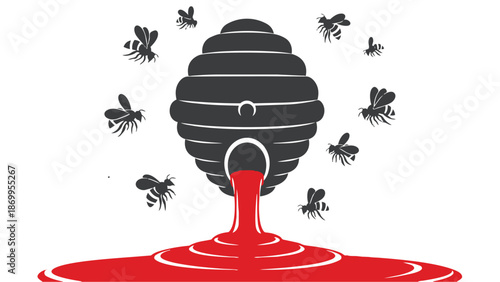 Illustration of a beehive with honey spilling out and bees flying around it
