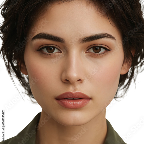 Close-up View of a Person With Dark Hair and Natural Makeup on a Plain Backgr...