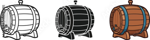 Three styles of a classic wooden barrel on a stand with a tap for dispensing beverages