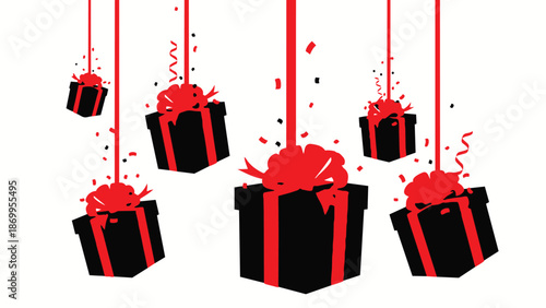 Black gift boxes with red ribbons and bows hanging from strings