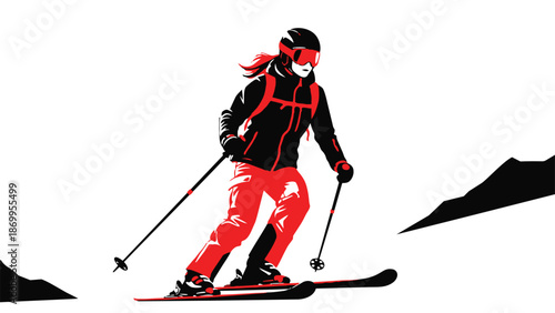 Woman skiing down snowy mountain with ski poles and skis