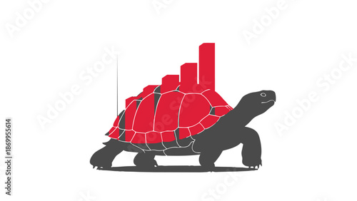 Red turtle silhouette with cityscape on its back in profile view