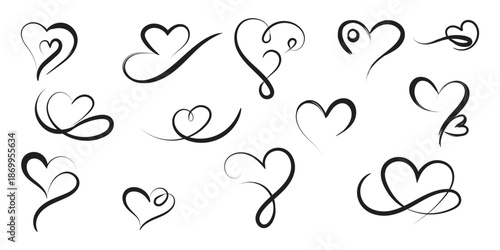 Minimal brush heart doodle set in black and white, Hand drawn vector heart line art collection, Romantic ink heart doodles isolated on white background