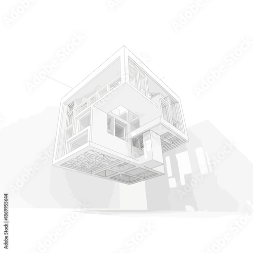 White wireframe illustration of a modern floating house with multiple levels and balconies on a white background with architecture and design