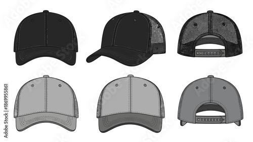 Versatile Baseball Cap Designs in Black and Gray