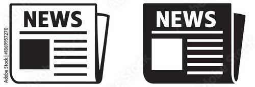 Line art and solid newspaper icon set featuring folded newspapers with news text for communication concepts