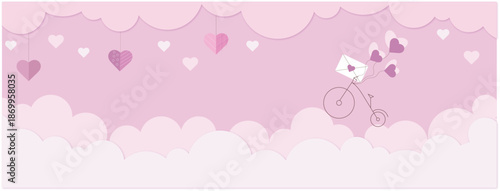Art & Illustration Valentine's Day banner with a picture of a bicycle, clouds, and hearts in soft pink. Also has a children's concept. Decoration for a children's room.