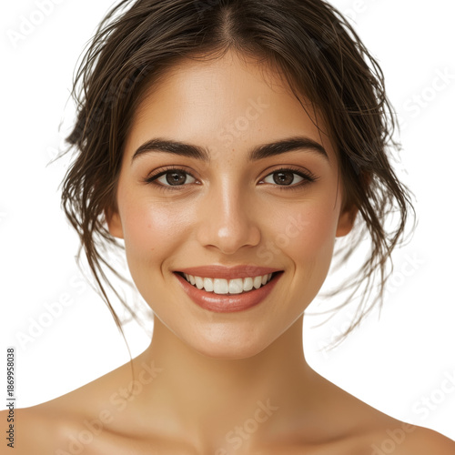 Smiling Woman Poses for a Simple Portrait With a Bright Background in a Photo...
