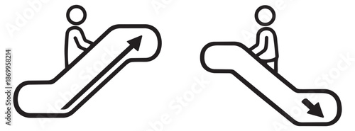Line art icon set featuring people riding escalators up and down for public signage