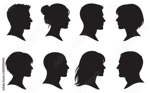 Classic silhouette head profile set featuring diverse male and female portraits for identity and user profiles
