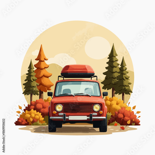 Red vintage car parked in autumn forest with colorful trees 