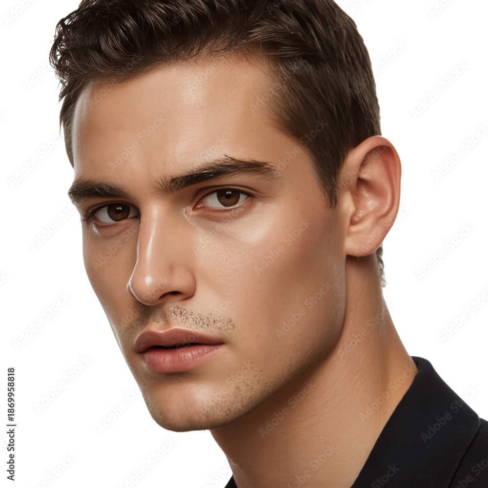 Fototapeta premium Male Model Poses for a Close-Up Photo With a Neutral Expression and No Shirt