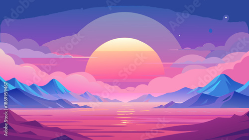 Dreamy Panoramic Dawn Horizon in Pink-Blue Gradients - AI-generated illustration