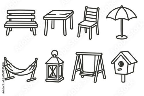 Outdoor furniture linear icon set. featuring bench, table, chair, umbrella, hammock, lantern, swing, birdhouse