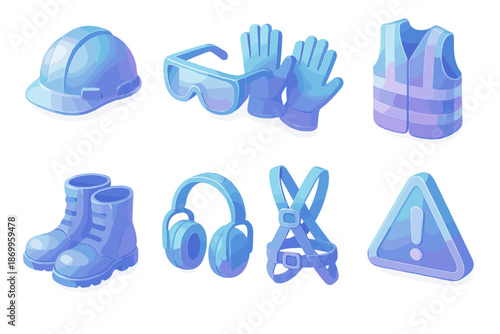 Construction safety silhouette icon set. featuring helmet, gloves, vest, boots, goggles, headphones, harness, warning symbol