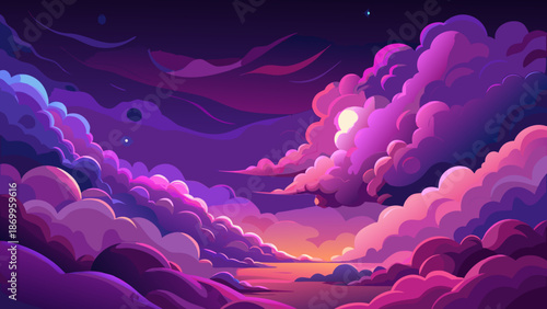 Artistic rendering of soft nebula clouds in cosmic purple and magenta gradients, starry depths, wond