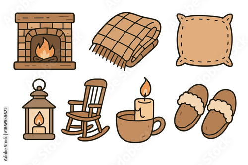 Cozy home flat icon set. featuring fireplace, blanket, pillow, lantern, rocking chair, candle, slippers