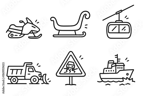 Winter activities linear icon set. featuring snowmobile, sleigh, cable car, snowplow, icy road sign, and icebreaker symbols