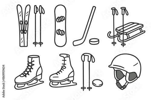 Winter sports linear icon set. featuring skis, snowboard, hockey stick, sled, skates, poles, helmet